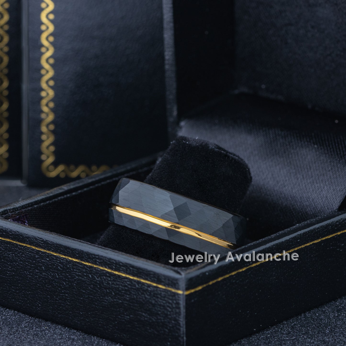 Jewelry Avalanche Black IP Faceted Tungsten Carbide Wedding Band, Grooved, Dome, Comfort-fit, 8mm