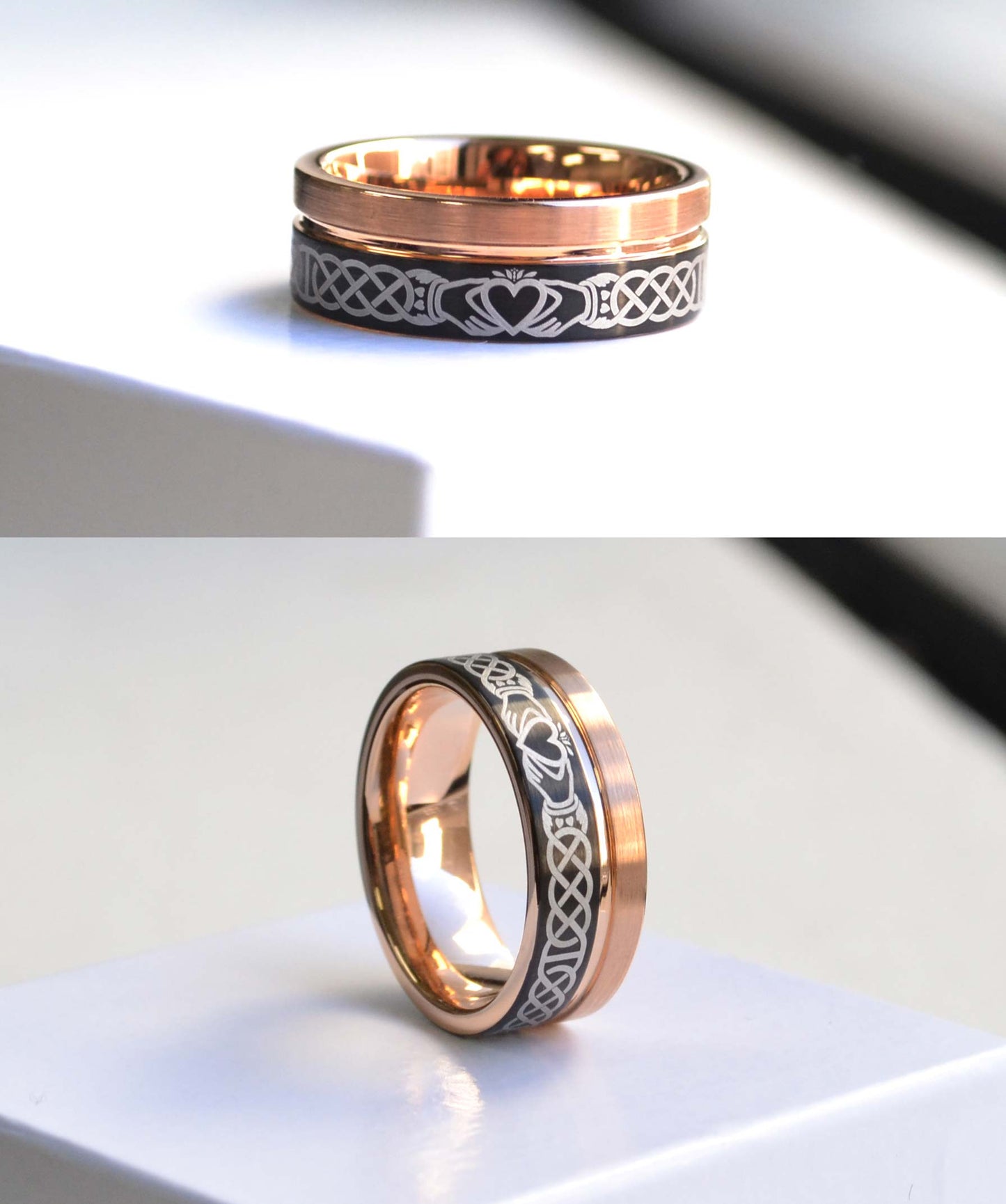 Jewelry Avalanche Rose Gold & Black Mens Claddagh Tungsten Carbide Wedding Band, Pipe Cut, Comfort-fit, 8mm