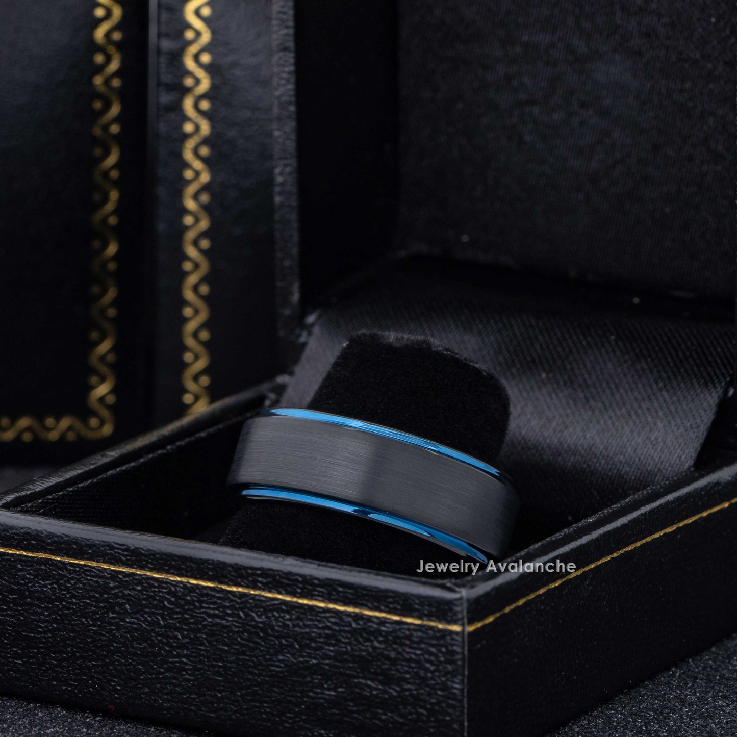 Jewelry Avalanche Black & Blue Trim Mens Tungsten Carbide Wedding Band, Comfort-fit, 8mm