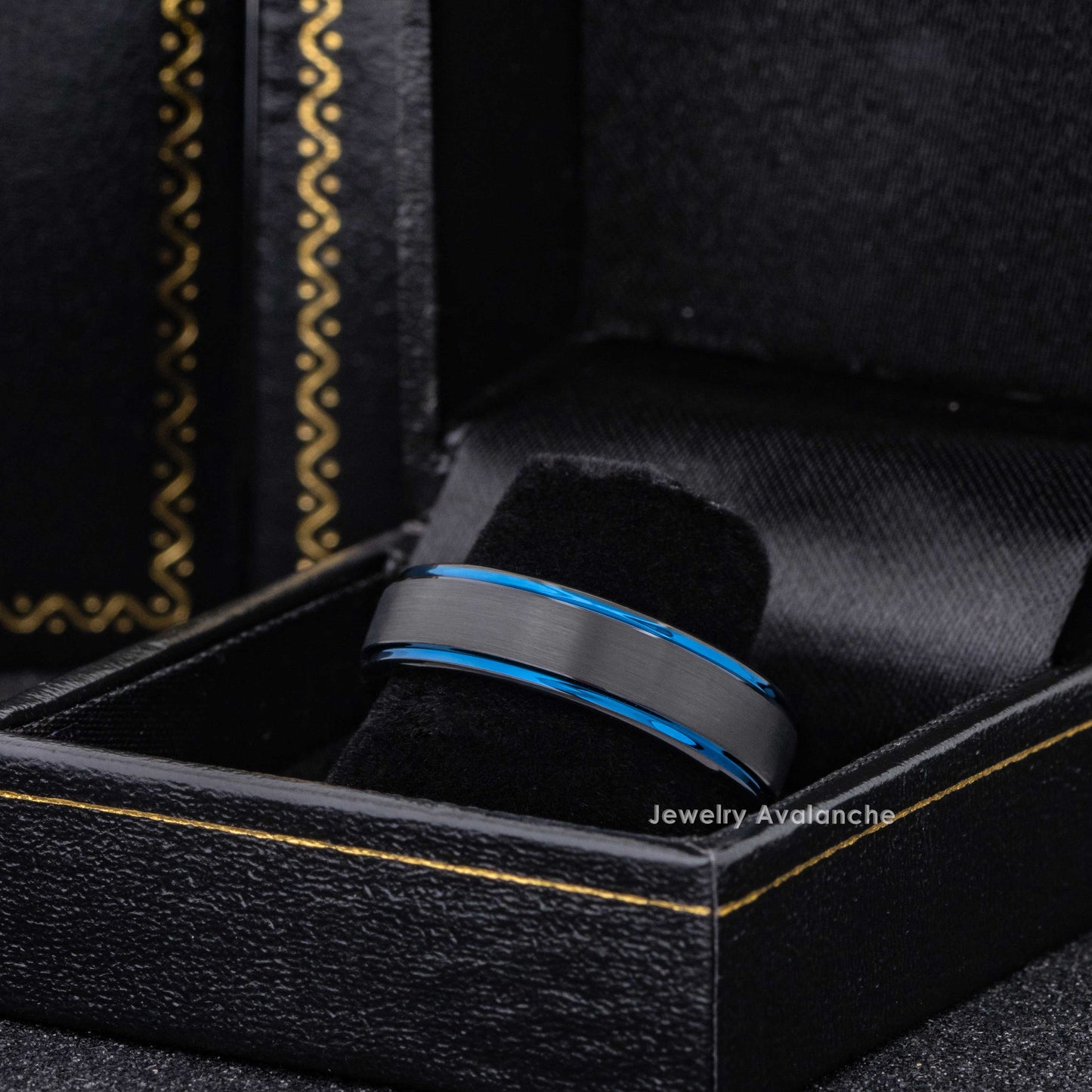 Jewelry Avalanche 6mm Black & Blue Trim Tungsten Carbide Wedding Band, Comfort-fit
