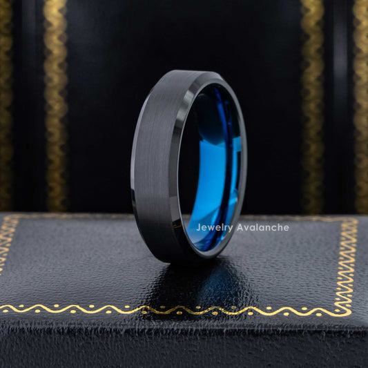 Jewelry Avalanche 6mm Black & Blue Tungsten Ring Men Women Wedding Band, Beveled Edge, Comfort-fit