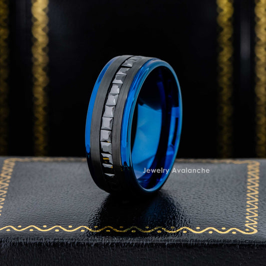 Jewelry Avalanche Blue IP Eternity Mens Tungsten Wedding Band, Black Princess Cut CZ, Comfort-fit, 8mm