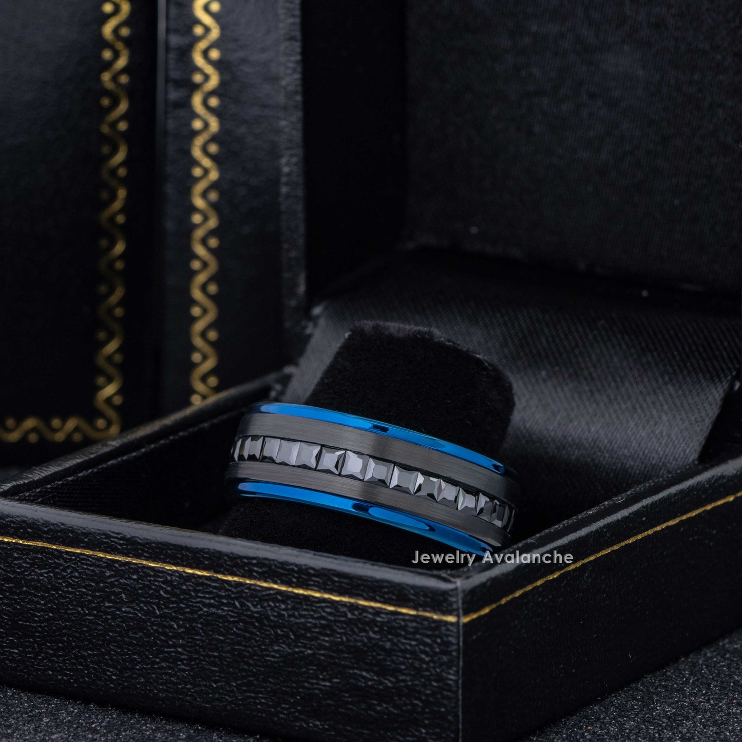 Jewelry Avalanche Blue IP Eternity Mens Tungsten Wedding Band, Black Princess Cut CZ, Comfort-fit, 8mm