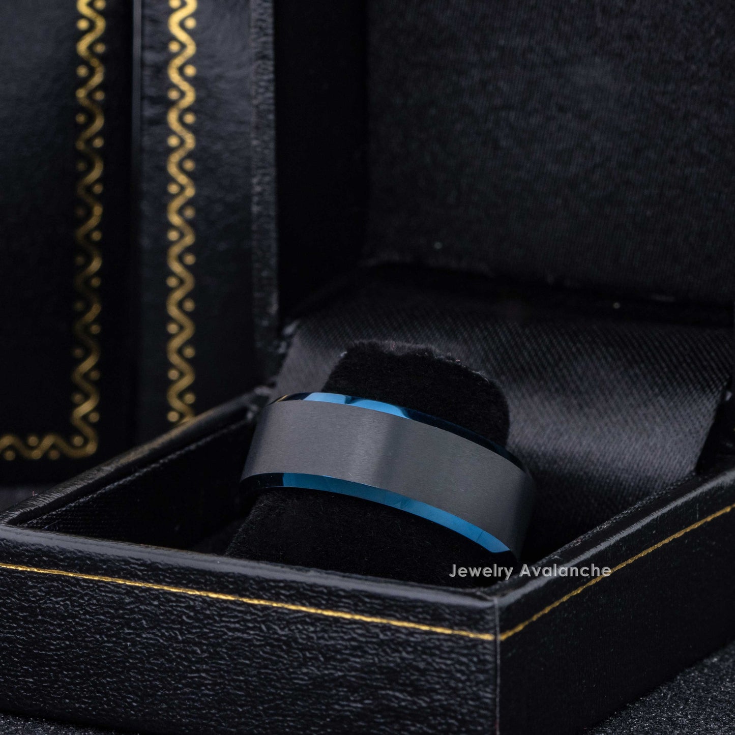 Jewelry Avalanche Blue Beveled Edge Trim Tungsten Wedding Band, Comfort-fit, 8mm