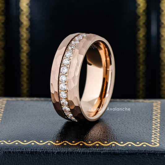 Jewelry Avalanche Eternity CZ Mens Ring Hammered Rose Gold Tungsten Carbide Wedding Band, Dome, 8mm