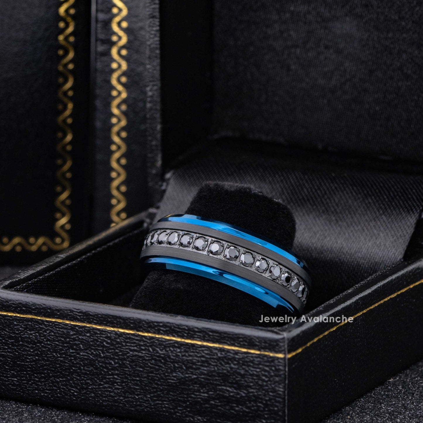 Jewelry Avalanche Eternity Black CZ Mens Ring Black & Blue IP Tungsten Wedding Band, 8mm