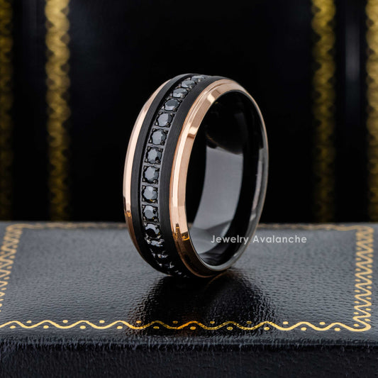 Jewelry Avalanche Black IP Eternity CZ Brushed Rose Gold IP Stepped Tungsten Carbide Wedding Band, Comfort-fit, 8mm