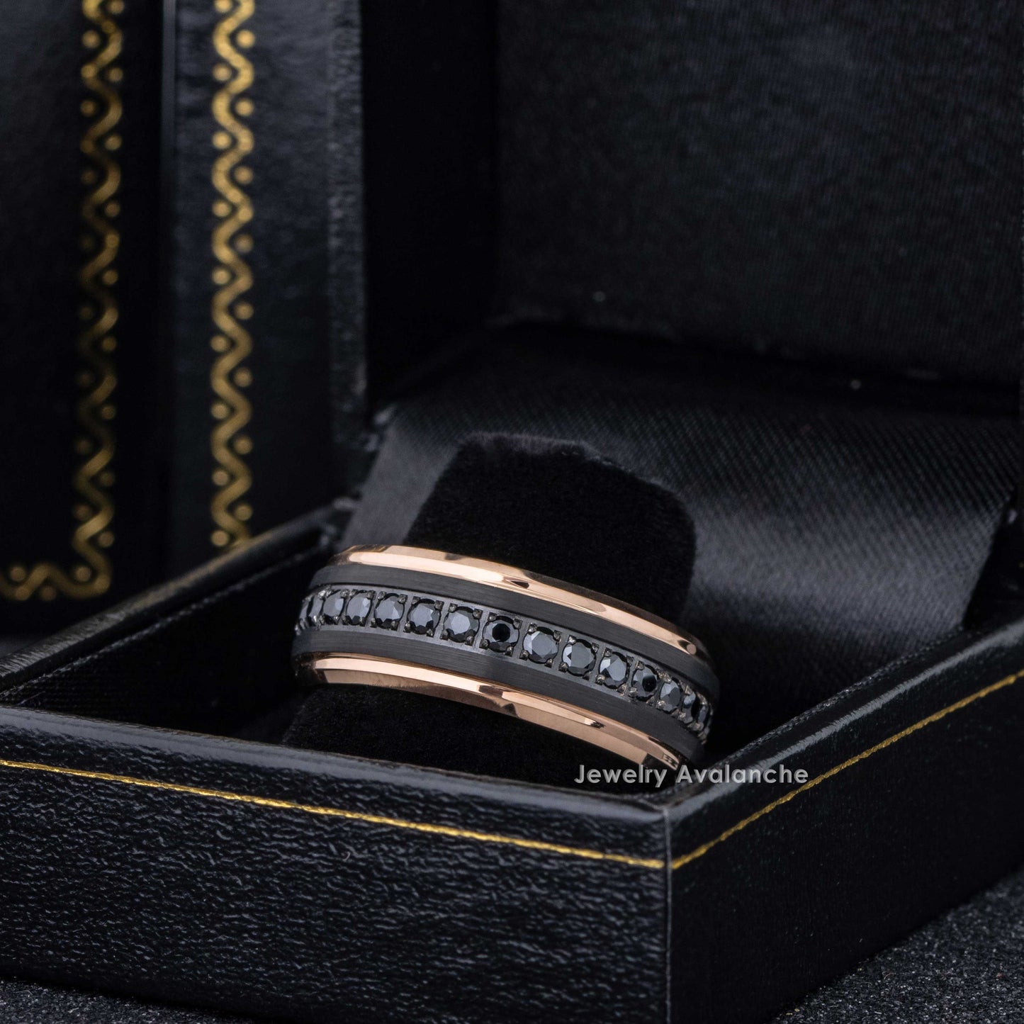 Jewelry Avalanche Black IP Eternity CZ Brushed Rose Gold IP Stepped Tungsten Carbide Wedding Band, Comfort-fit, 8mm