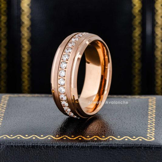 Jewelry Avalanche Eternity CZ Mens Ring Rose Gold Tungsten Carbide Wedding Band, Stepped Edge, 8mm