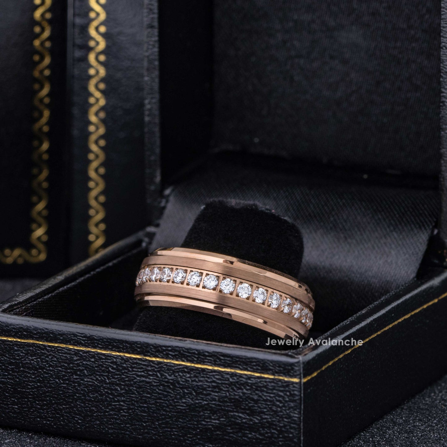Jewelry Avalanche Eternity CZ Mens Ring Rose Gold Tungsten Carbide Wedding Band, Stepped Edge, 8mm