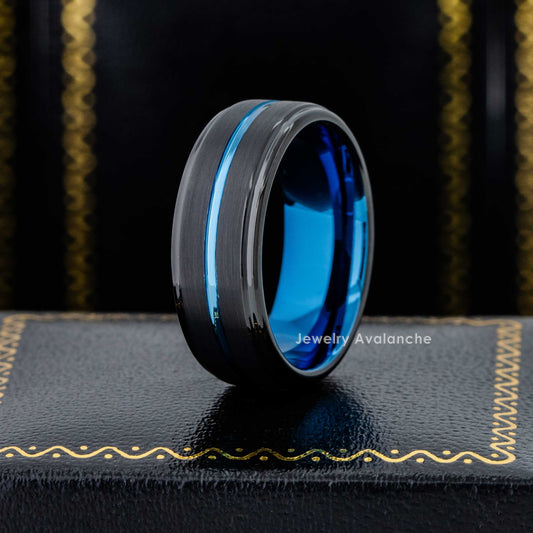 Jewelry Avalanche 8mm Black & Blue IP Grooved Stepped Tungsten Carbide Mens Wedding Band