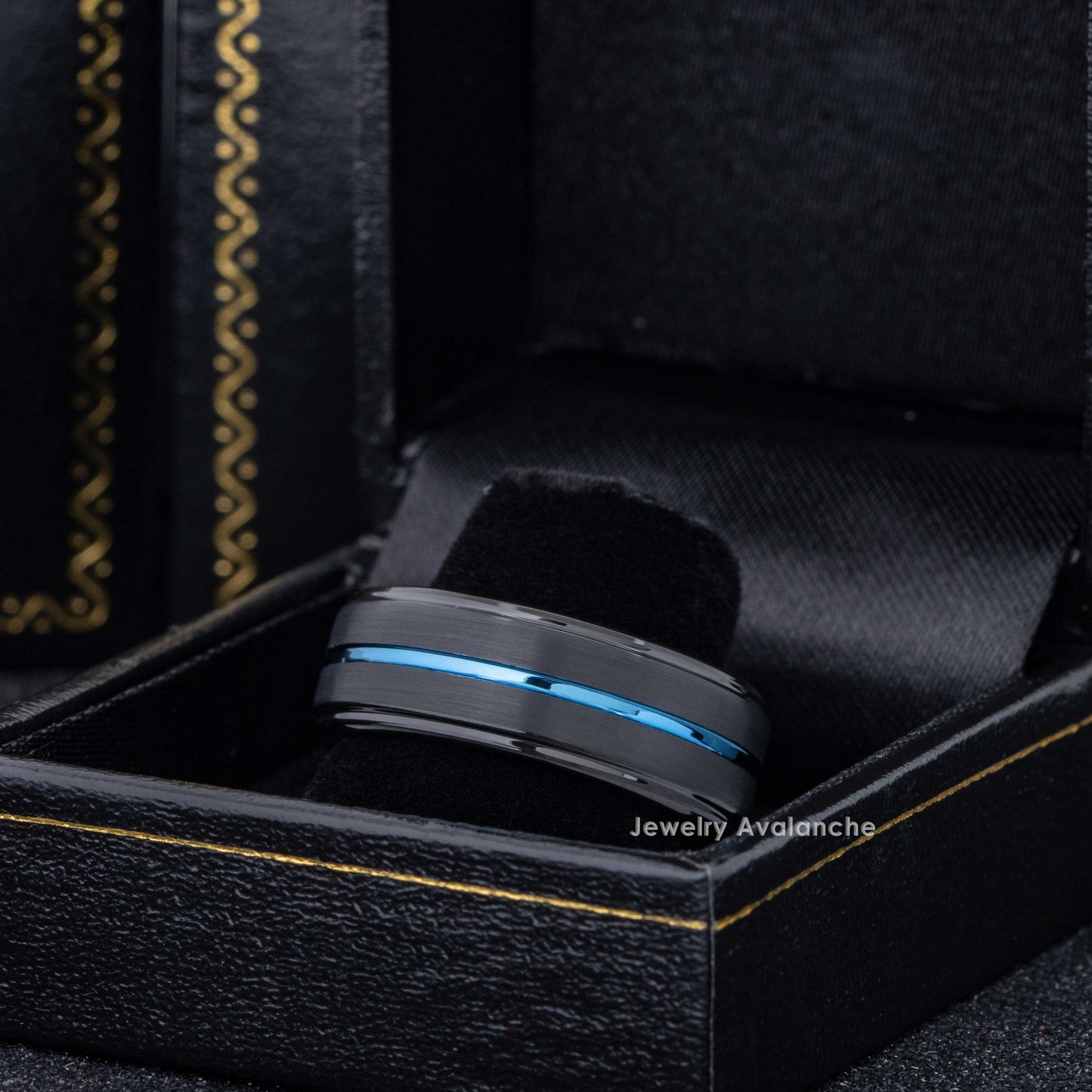 Jewelry Avalanche 8mm Black & Blue IP Grooved Stepped Tungsten Carbide Mens Wedding Band