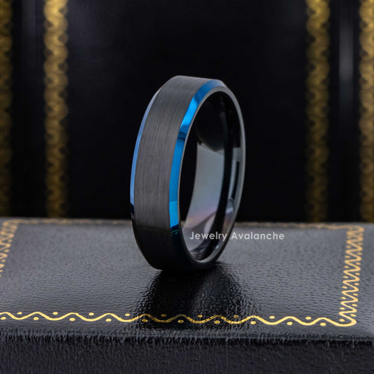 Jewelry Avalanche 6mm Beveled Black & Blue IP Tungsten Carbide Mens Womens Wedding Band