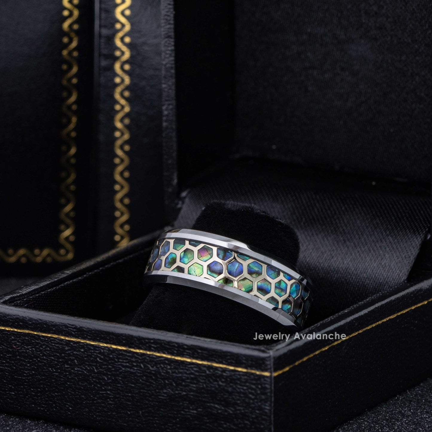 Jewelry Avalanche 8mm Beveled Honeycomb & Abalone Inlay Tungsten Carbide Mens Wedding Band