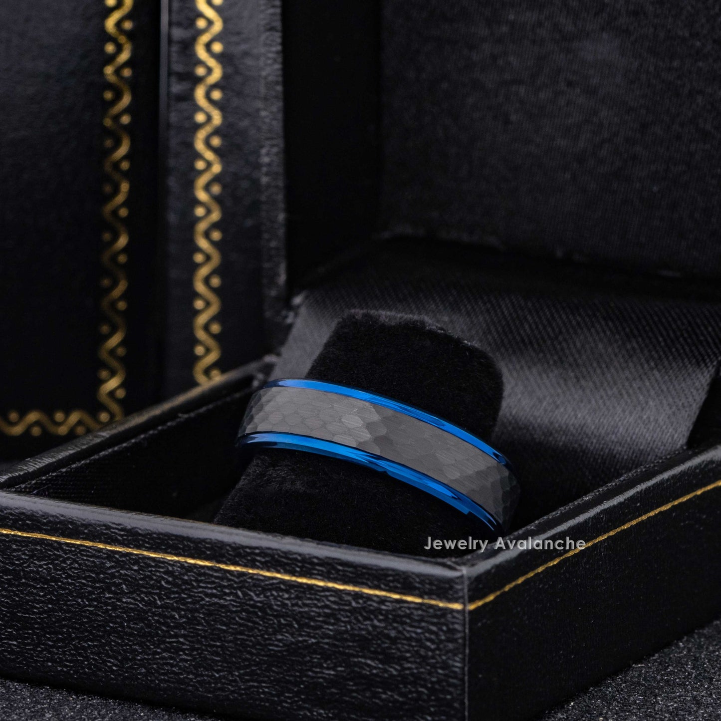 Jewelry Avalanche 6mm Stepped Black & Blue IP Hammered Tungsten Carbide Mens Womens Wedding Band
