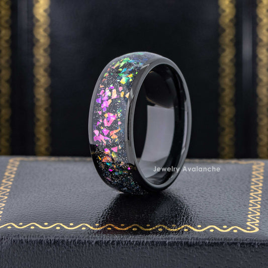 Jewelry Avalanche 8mm Dome Black IP Opal & Abalone Inlay Tungsten Carbide Mens Wedding Band