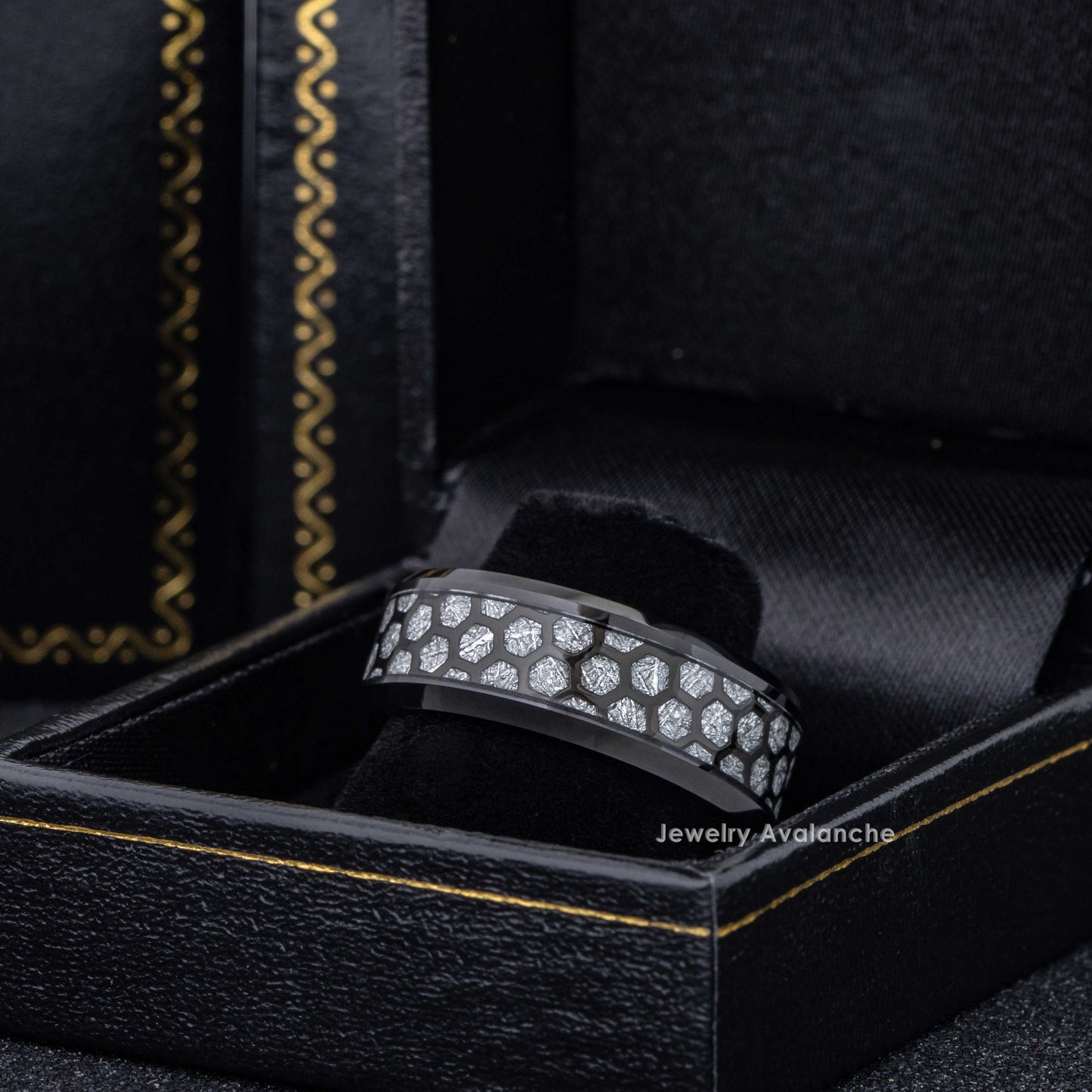 Jewelry Avalanche 8mm Beveled Black IP Honeycomb & Meteorite Inlay Tungsten Carbide Mens Wedding Band