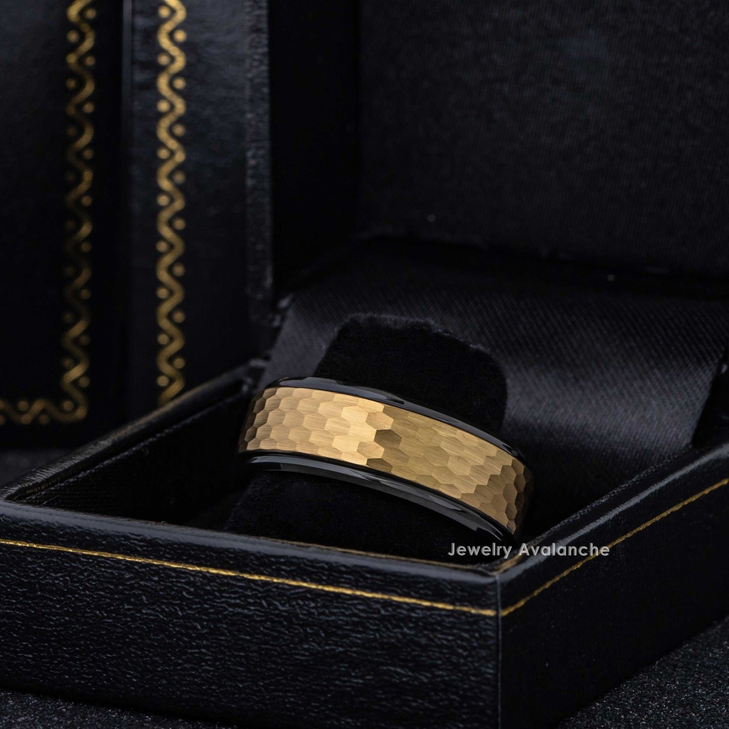 Jewelry Avalanche 8mm Stepped Black & Gold IP Hammered Tungsten Carbide Mens Wedding Band