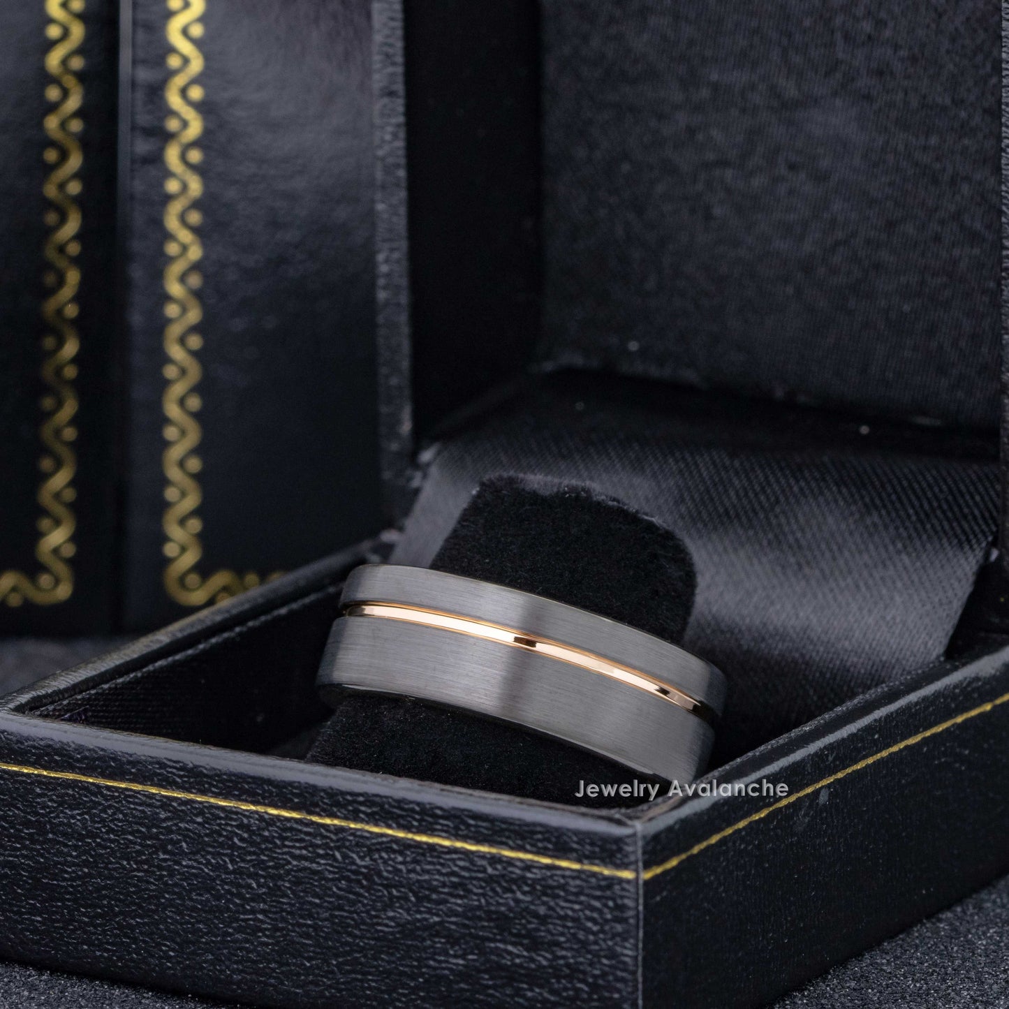 Jewelry Avalanche Rose Gold & Gunmetal IP Grooved Tungsten Carbide Mens Wedding Band Pipe Cut