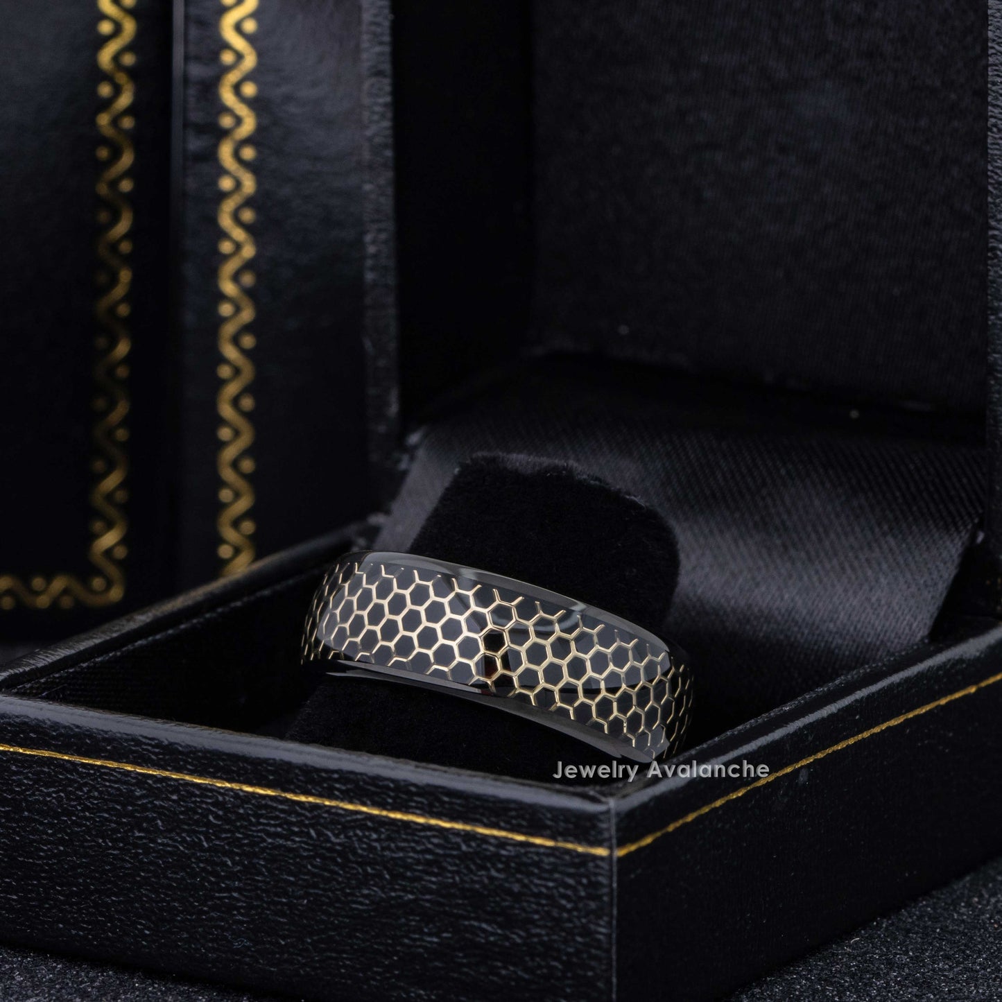 Jewelry Avalanche 8mm Dome Black IP Honeycomb Inlay Tungsten Carbide Mens Wedding Band