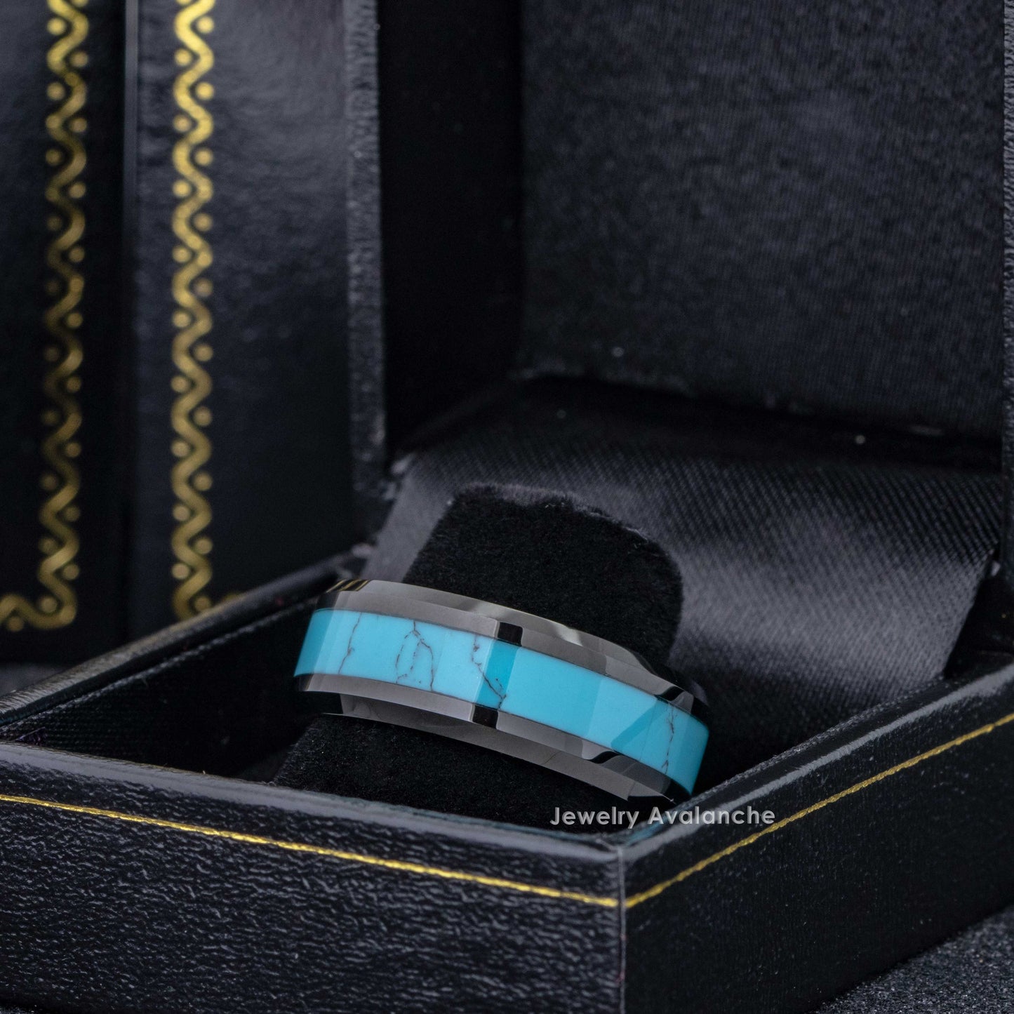 Jewelry Avalanche 8mm Beveled Black IP Blue Turquoise Inlay Tungsten Carbide Mens Wedding Band