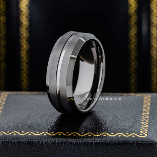 Jewelry Avalanche 8mm Beveled Grooved Center Gunmetal Tungsten Carbide Mens Wedding Band