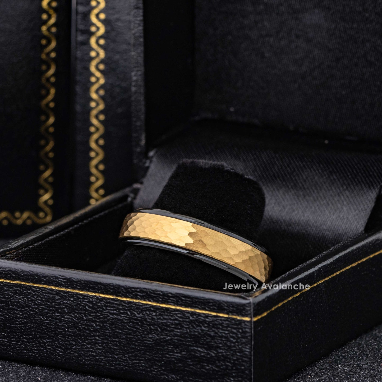 Jewelry Avalanche 6mm Stepped Black & Gold IP Hammered Tungsten Carbide Mens Womens Wedding Band