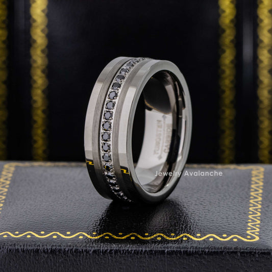 Jewelry Avalanche 8mm Eternity CZ Pipe Cut Gunmetal IP Tungsten Carbide Mens Wedding Band