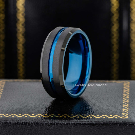 Jewelry Avalanche 8mm Beveled Blue & Black IP Grooved Center Tungsten Carbide Mens Wedding Band