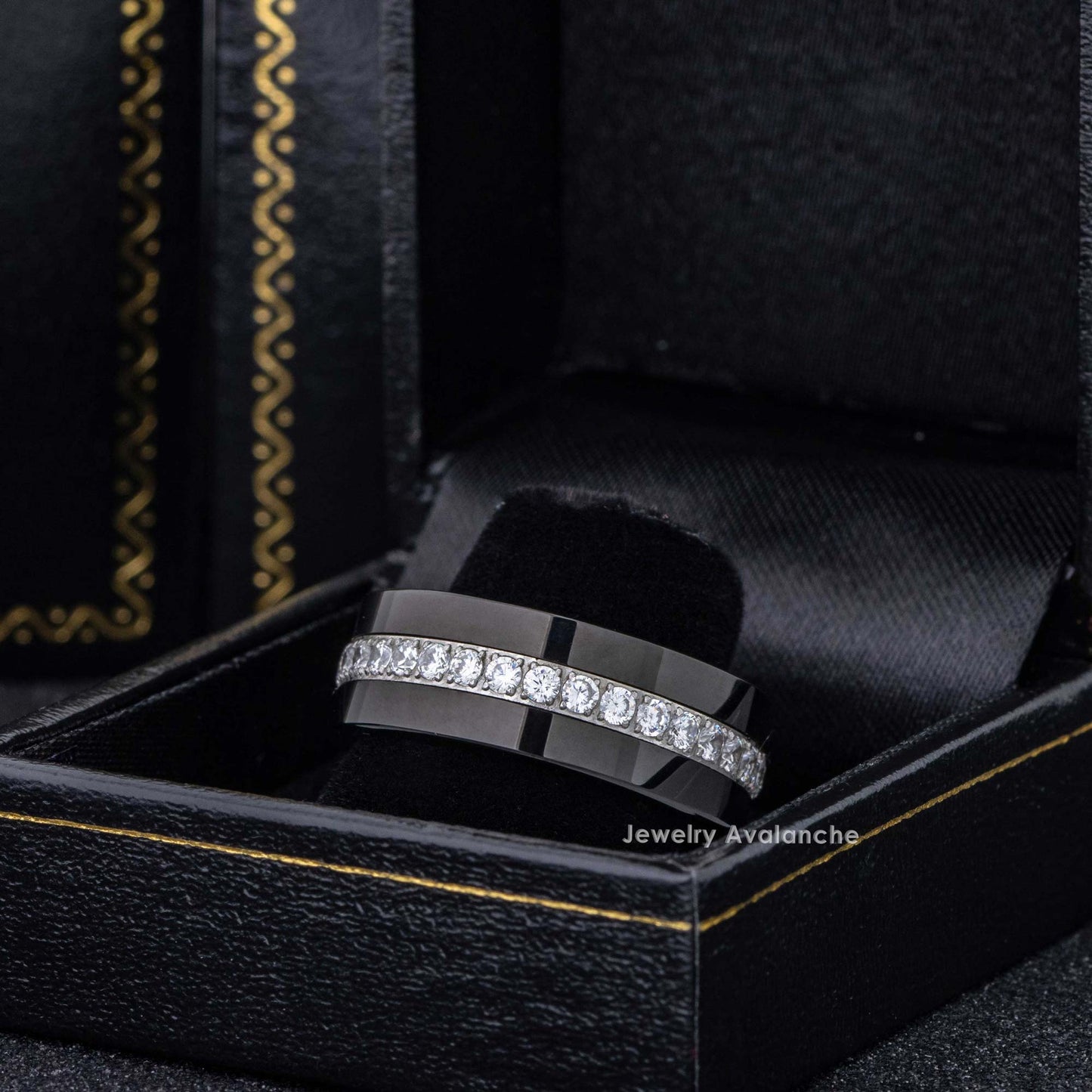Jewelry Avalanche Mens Black Pipe Cut Tungsten Carbide CZ Eternity Wedding Band, Comfort-fit, 8mm