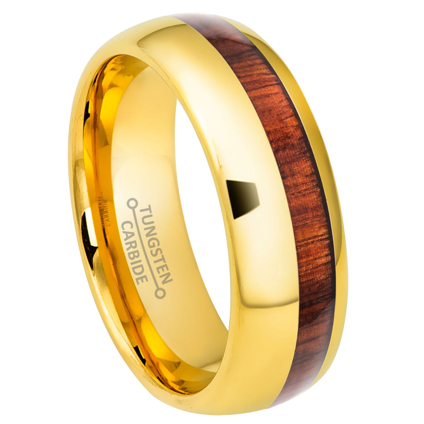 Jewelry Avalanche Gold IP Koa Wood Inlay Dome Tungsten Carbide Wedding Band, Comfort-fit, 8mm