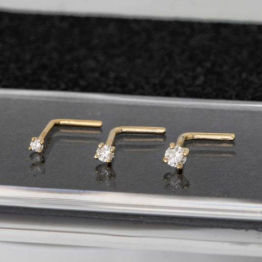 Jewelry Avalanche Diamond L-shape Nose Stud 20G Solid 14K Gold L-bend Nose Ring Stud