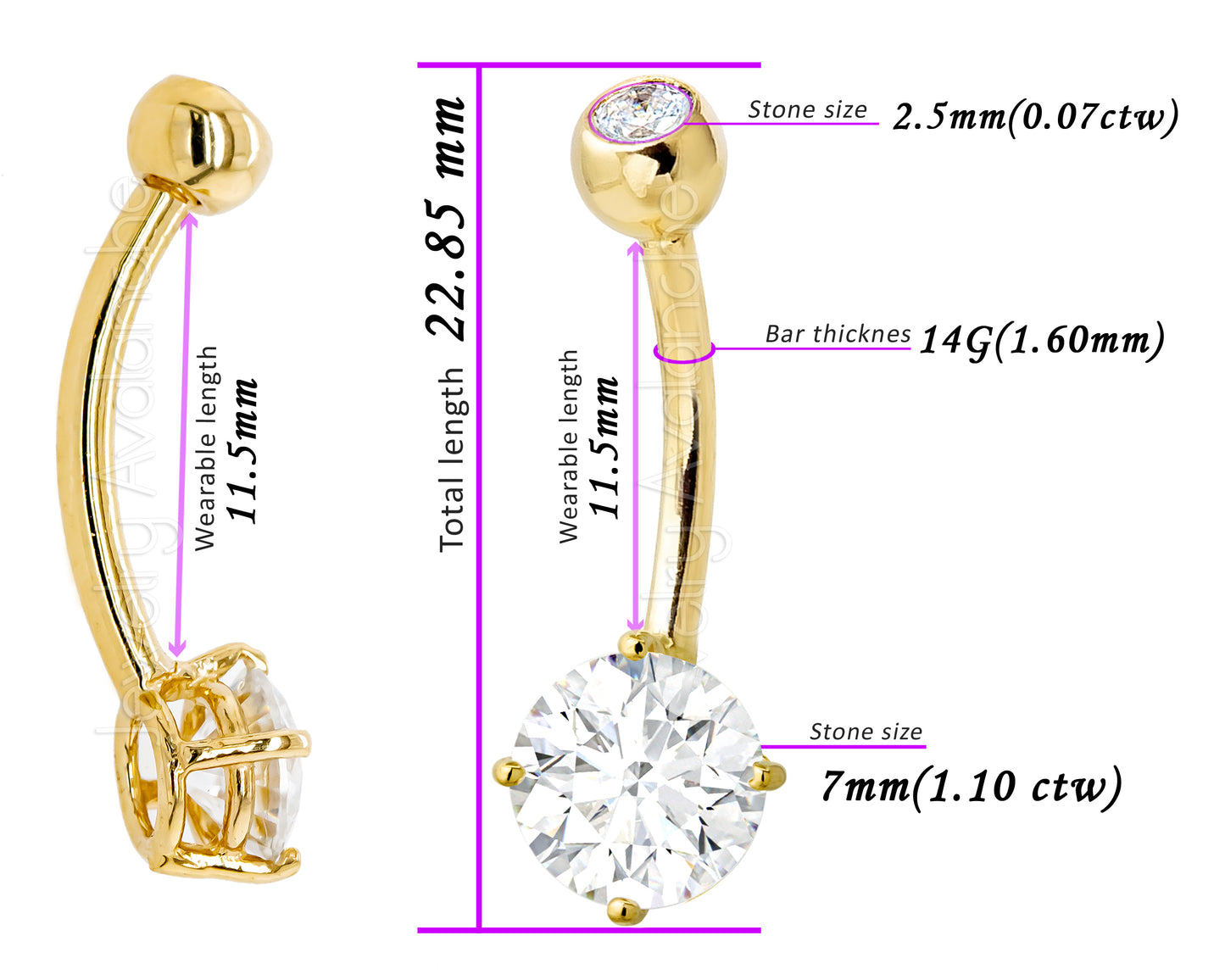Jewelry Avalanche 14K Gold Belly Button Ring 1.18 ctw. Moissanite 14G Barbell Navel Ring