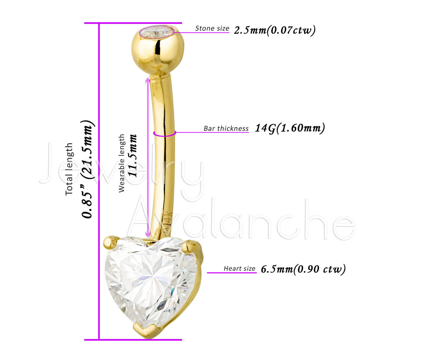 Jewelry Avalanche Women's 14K Gold Moissanite Heart Belly Button Ring 14G
