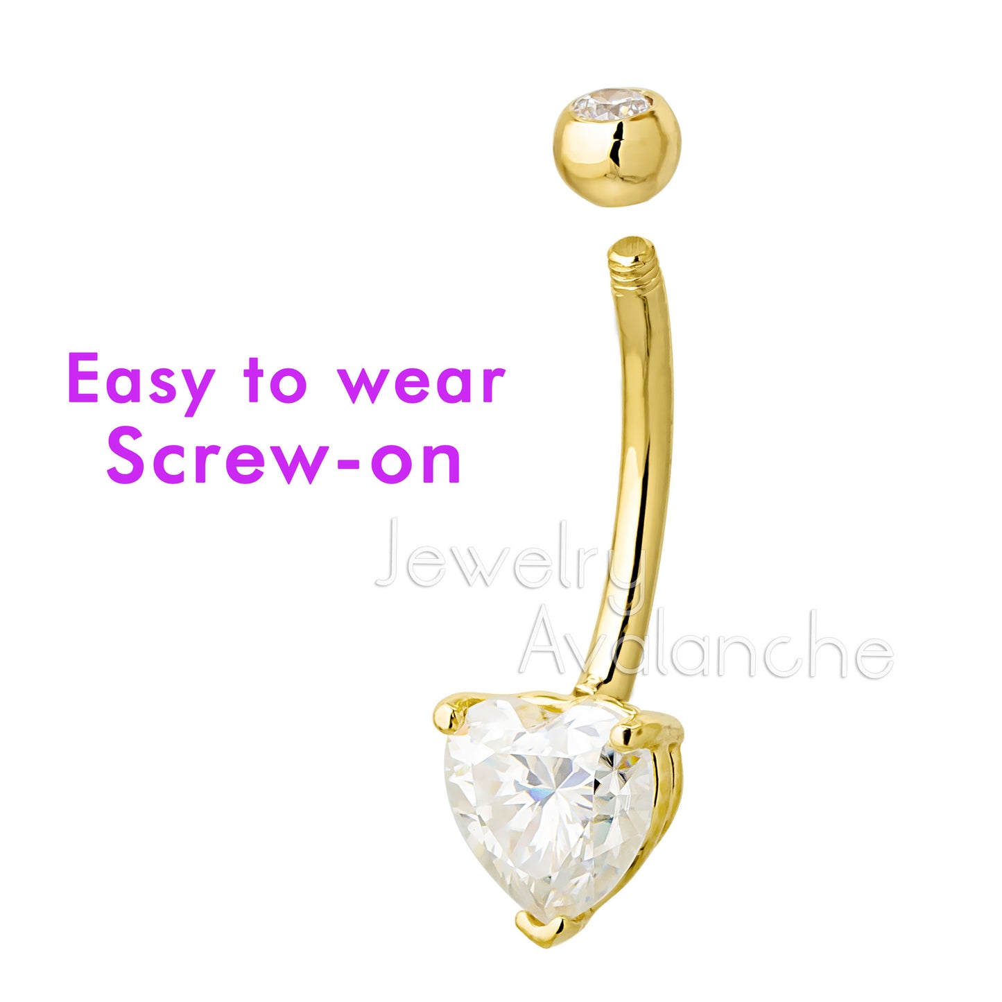 Jewelry Avalanche Women's 14K Gold Moissanite Heart Belly Button Ring 14G