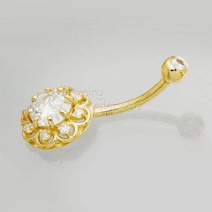Jewelry Avalanche Women's 14K Gold Lotus Flower 14G Belly Button Ring with 0.87cttw Round Moissanites