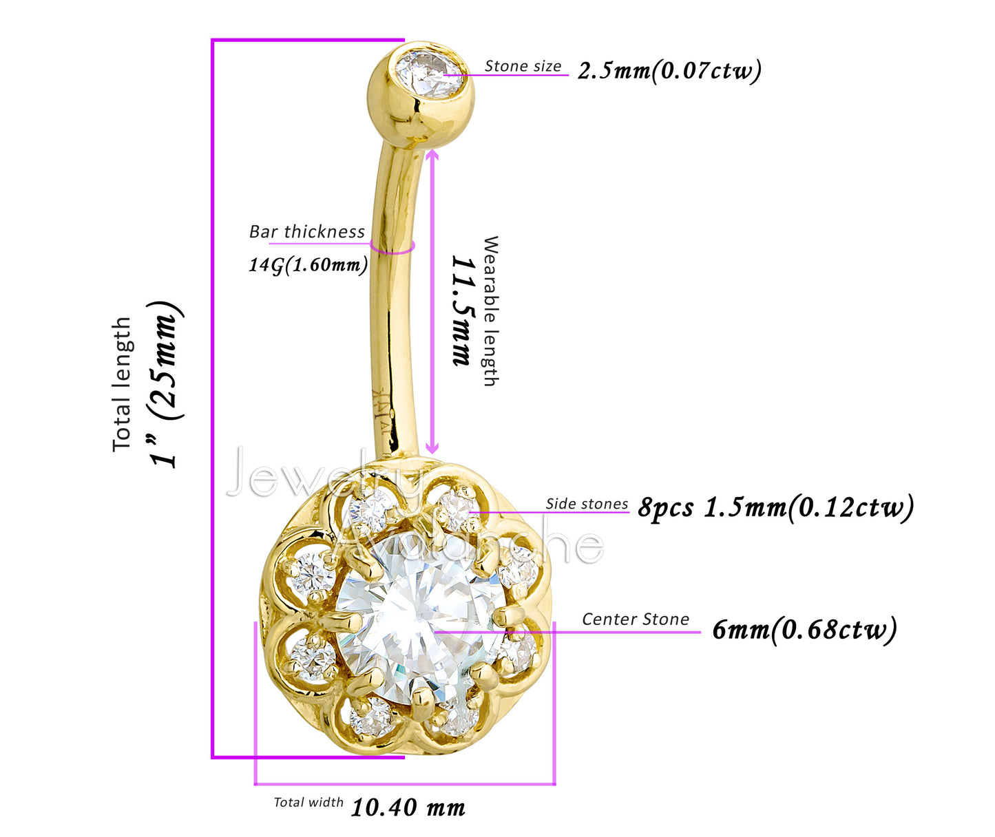 Jewelry Avalanche Women's 14K Gold Lotus Flower 14G Belly Button Ring with 0.87cttw Round Moissanites