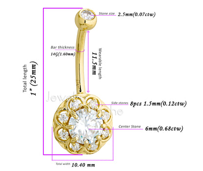 Jewelry Avalanche Women's 14K Gold Lotus Flower 14G Belly Button Ring with 0.87cttw Round Moissanites
