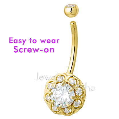 Jewelry Avalanche Women's 14K Gold Lotus Flower 14G Belly Button Ring with 0.87cttw Round Moissanites