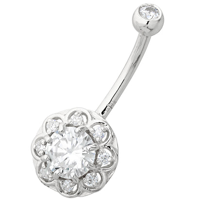 Jewelry Avalanche Women's 14K Gold Lotus Flower 14G Belly Button Ring with 0.87cttw Round Moissanites