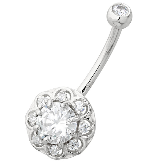 Jewelry Avalanche Women's 14K Gold Lotus Flower 14G Belly Button Ring with 0.87cttw Round Moissanites