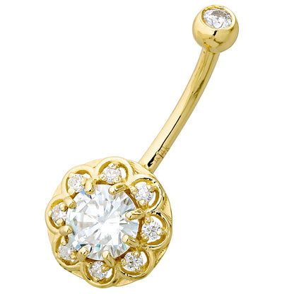 Jewelry Avalanche Women's 14K Gold Lotus Flower 14G Belly Button Ring with 0.87cttw Round Moissanites