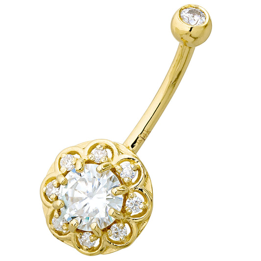 Jewelry Avalanche Women's 14K Gold Lotus Flower 14G Belly Button Ring with 0.87cttw Round Moissanites