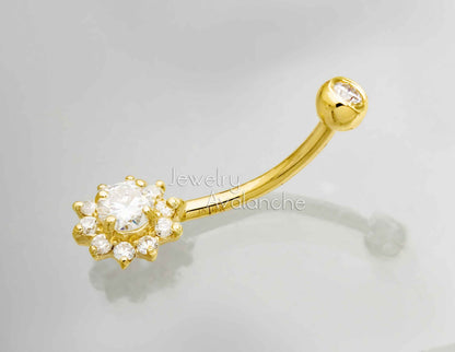 Jewelry Avalanche Women's 14K Gold Lotus Flower 14G Belly Button Ring with 0.45cttw Round Moissanites