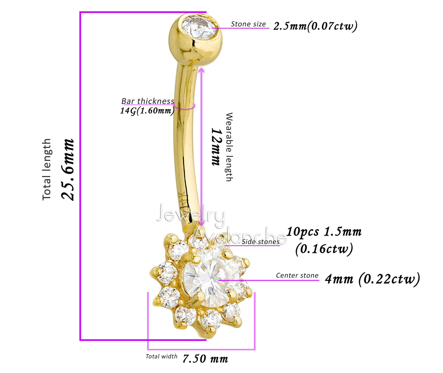Jewelry Avalanche Women's 14K Gold Lotus Flower 14G Belly Button Ring with 0.45cttw Round Moissanites