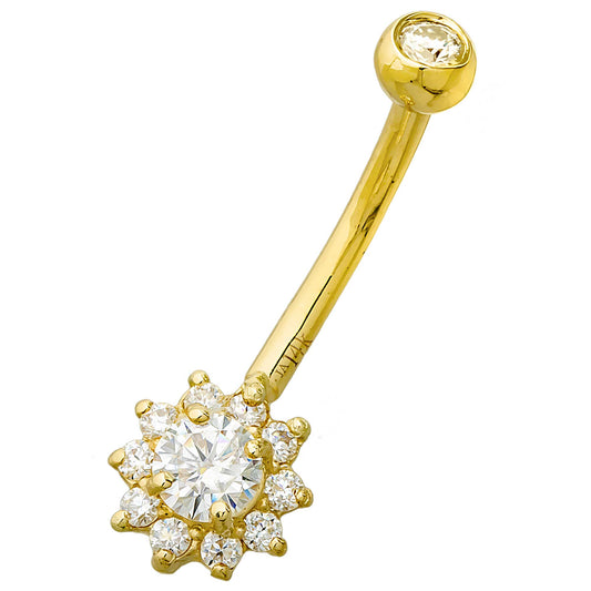 Jewelry Avalanche Women's 14K Gold Lotus Flower 14G Belly Button Ring with 0.45cttw Round Moissanites