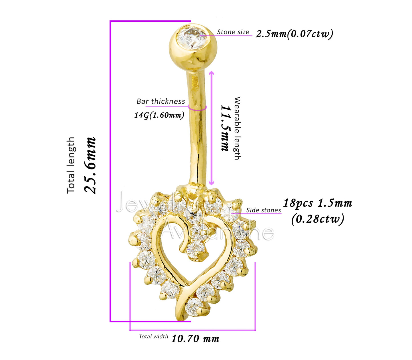 Jewelry Avalanche Women's 14K Gold Heart Shape 14G Belly Button Ring with 0.35cttw Heart Moissanite