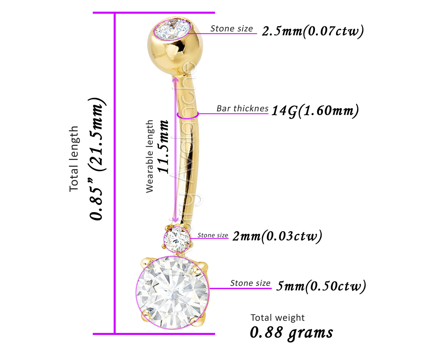 Jewelry Avalanche 14K Gold 0.60ctw Moissanite Belly Button Ring 14G Navel Ring