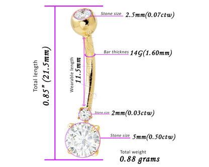 Jewelry Avalanche 14K Gold 0.60ctw Moissanite Belly Button Ring 14G Navel Ring