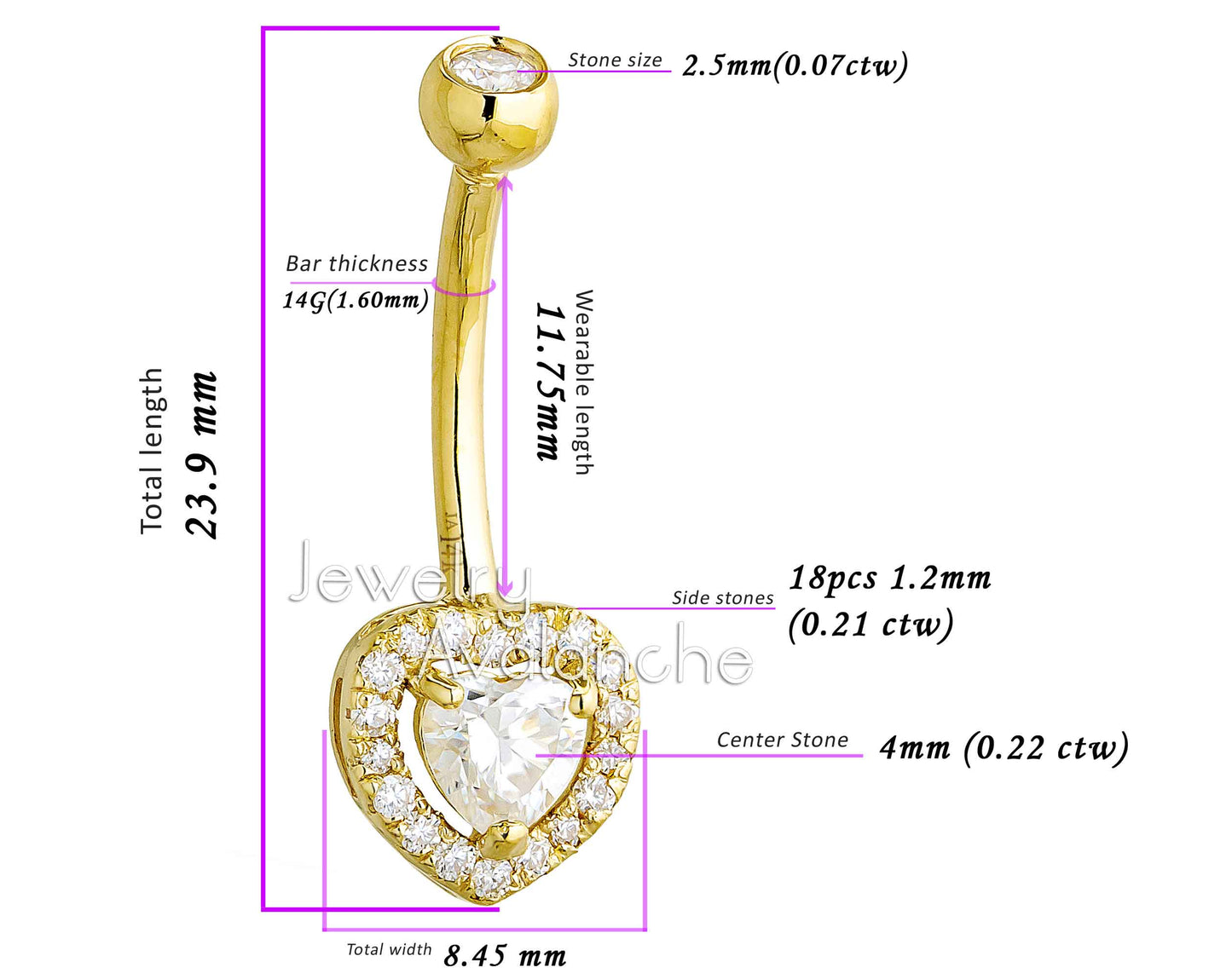 Jewelry Avalanche Women's 14K Gold Halo Heart 14G Belly Button Ring with 0.50cttw Moissanite